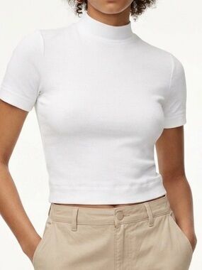 Babaton White Gonzalo Ribbed Mock Neck T-Shirt 2XS Clean Girl Modern Utility